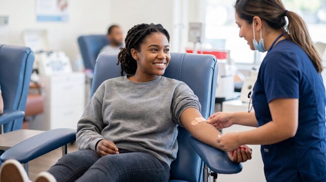 Nurse Assisting Young Black Woman During Blood Donation Procedure in Modern Donation Center