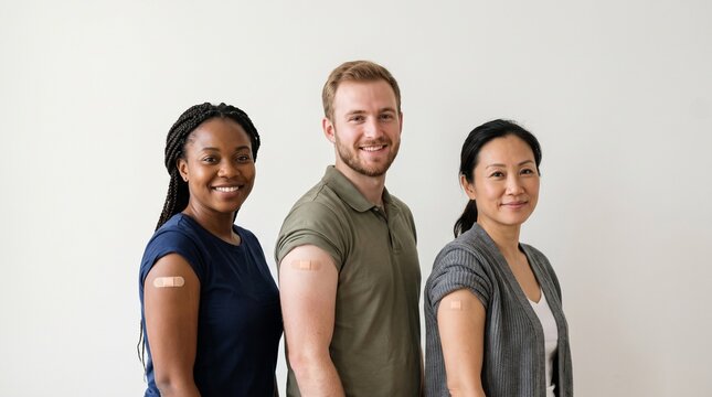 Three people of diverse ethnicity showing off their bandaged arms after receiving a vaccine, smiling confidently at the camera