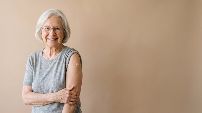 An elderly woman with a kind smile, showing off a bandage on her arm after receiving a vaccination. She looks healthy and happy