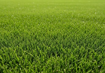 Fototapeta premium Lush, thick turf texture showing the vibrant results of meticulous lawn care and horticultural maintenance practices under bright sunlight, growth, summer, gardening