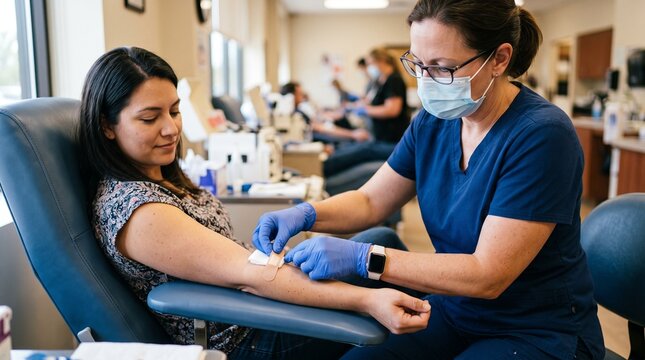 A nurse carefully takes blood from a patient during a blood donation. The patient is seated in a donation chair, while the nurse, wearing a mask and gloves