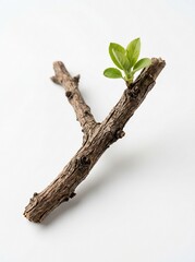 Fototapeta premium Small green plant growing on dead tree branch isolated