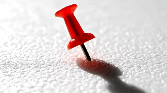 Close-up of a red push pin securing into a textured white surface casting a shadow with artistic perspective.