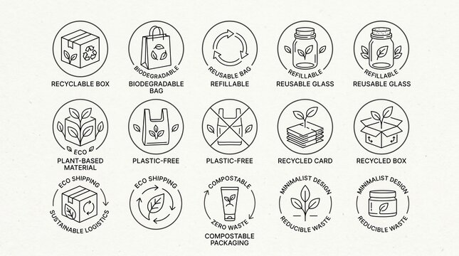 Sustainable Packaging and Zero Waste Circular Economy Line Art Icon Set for Eco Conscious Brands