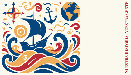 Día de la Raza horizontal banner with nautical map, caravel ship and spanish gold coins — greeting card template © Aleksandr