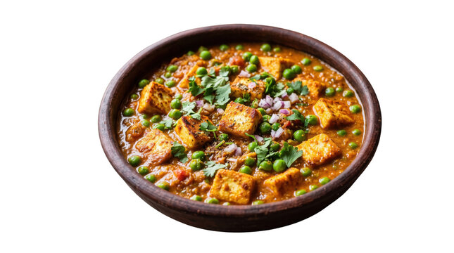 Authentic Matar Paneer in clay bowl, Indian cottage cheese curry with green peas, spicy vegetarian masala gravy isolated on white background