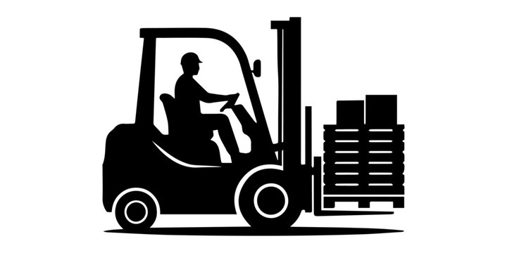 Black silhouette forklift truck icon with industrial vehicle isolated on white background for logistics design,Industrial forklift truck side view silhouette icon isolated on white background