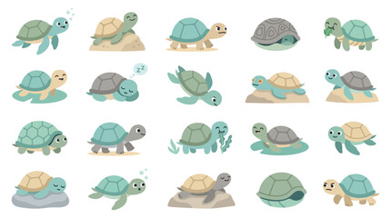 Fototapeta premium Collection of cute cartoon turtles in various poses and environments, illustrating different aspects of their life and behavior.