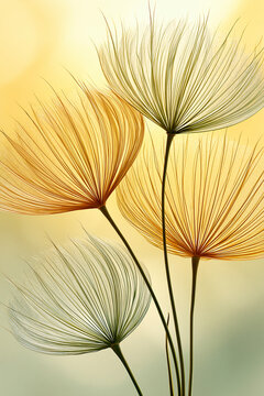 A close up image of numerous dandelion seed parachutes, rendered in a warm palette of golden yellow and soft green.