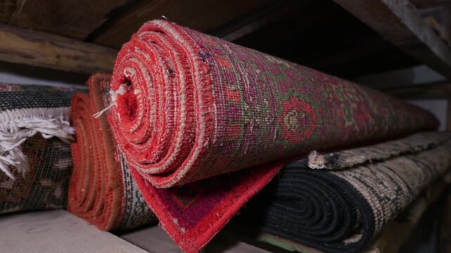 Traditional hand-woven oriental carpets are stacked and rolled on rustic wooden shelves inside a warehouse. The intricate patterns and vibrant red colors show detailed craftsmanship and textures