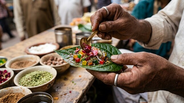 Hands preparing traditional Indian paan on a betel leaf