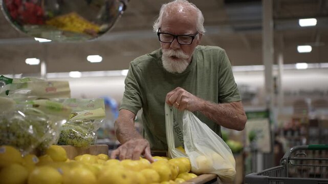 Elderly man enjoys shopping for fruits and vegetables at the grocery store, choosing fresh lemons and placing them in a bag