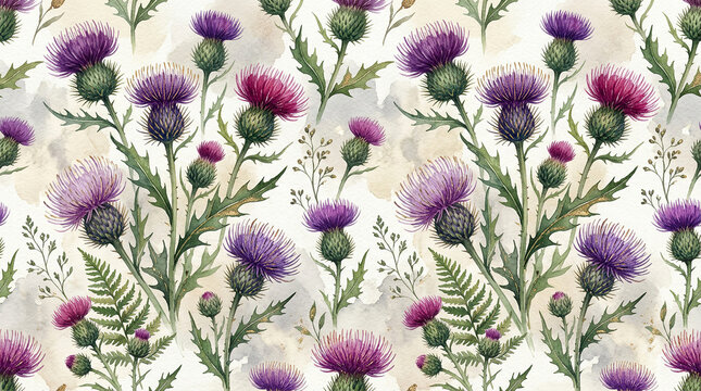 Soft watercolor thistle and fern leaf pattern on neutral cream background.