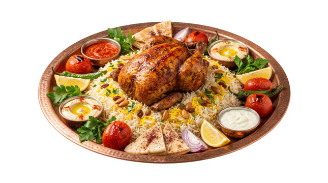 Roasted whole chicken on mandi rice platter, traditional middle eastern kabsa with grilled vegetables and hummus, arabic cuisine food photography
