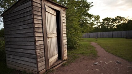Fototapeta premium latrine. A simple wooden latrine structure in a military camp corner. gardening catalogs, home-decor guides, designed for home decor and floral branding, celebrates nature. 