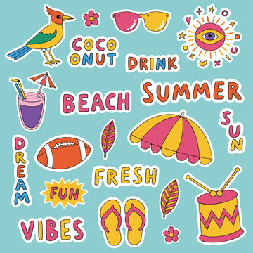 Summer Beach Vibes Tropical Food Cartoon Vector Sticker Pack