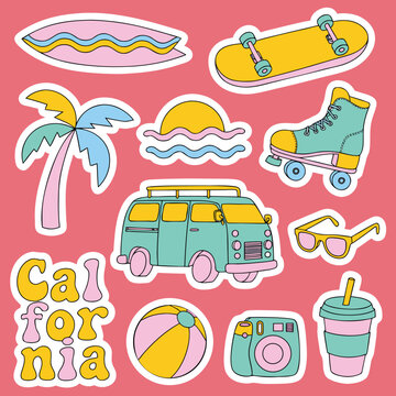 Retro California Surf Roller Skate Van Vector Sticker Pack
