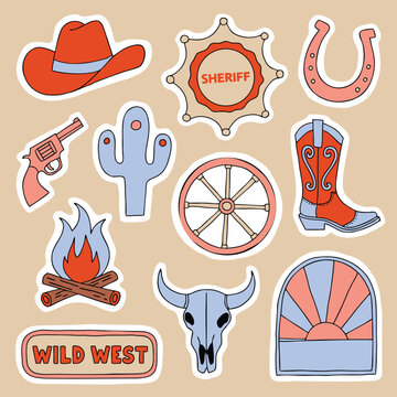 Cute Cowboy Wild West Element Clipart Vector Sticker Pack