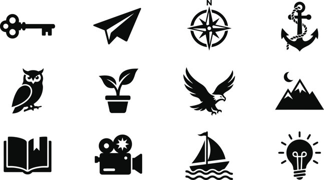 Collection of various black icons on a including key, paper airplane, compass, anchor, owl, plant, eagle, mountains, book, camera, sailboat, lightbulb