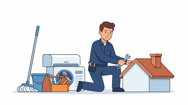 A cartoon man repairing a house roof with tools