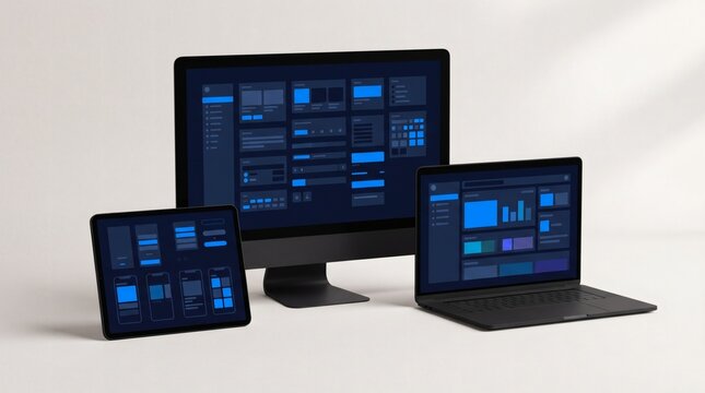 Abstract digital dark mode UI kit design system displayed on modern desktop monitor, laptop, and tablet screens