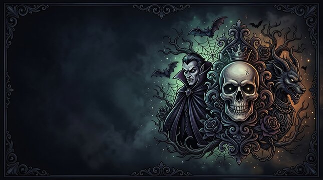 Gothic horror composition with vampire crowned skull and demonic beast