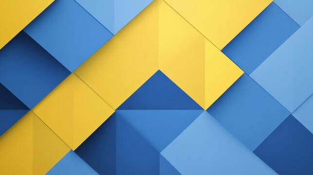 Abstract geometric pattern of blue and yellow shapes.  Background of overlapping squares and triangles. Possible use  wallpaper, background design