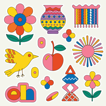 Groovy 70s Bohemian Folk Art Element Vector Sticker Sheet