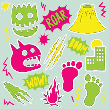 Retro Monster Kaiju Dinosaur Cartoon Vector Sticker Pack