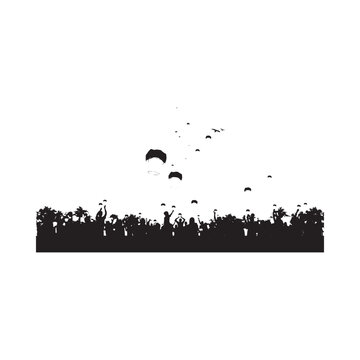 Parachutists and crowd silhouette against a white background