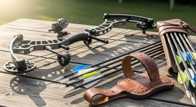 Compound bow with arrows on gray surface