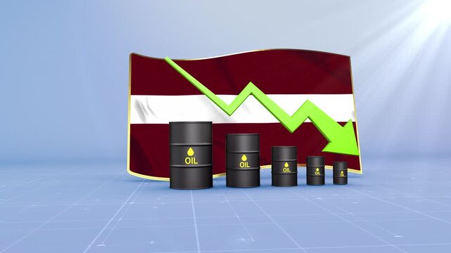 Latvia Oil Price Falling with Oil Barrels Downward Green Arrow and 3D Financial Data Visualization Graphs for Economy and Business Concept