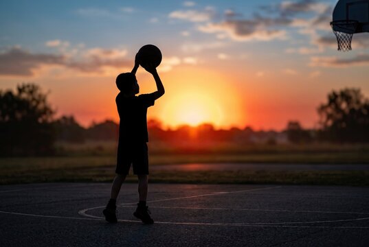 Generated AI Silhouette of a boy shooting basketball at sunset court