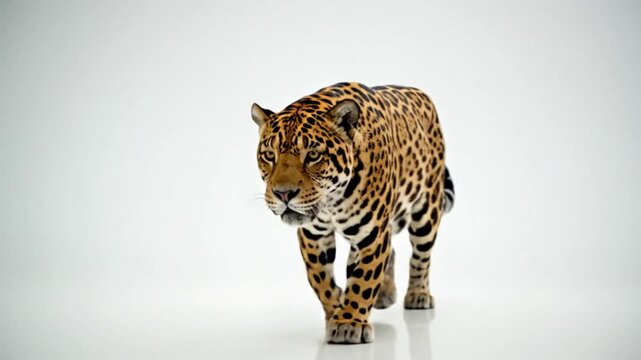 Graceful leopard stalking across reflective white surface with captivating spots and piercing gaze