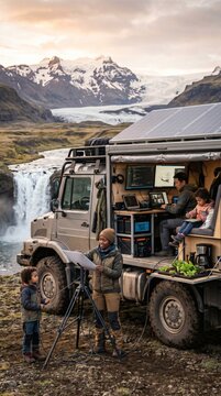 Camper da spedizione in paesaggio montano con tecnologia outdoor