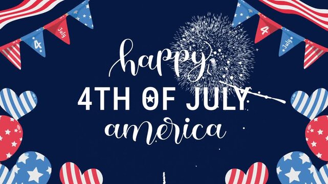 4th of july celebration with balloons, fireworks, american flag, and stars. Suitable for holiday designs, social media posts.