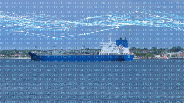 a cargo tanker ship with a binary code overlay and a digital grid wave from nodes and lines, concept with copy space for the digitalization of shipping business
