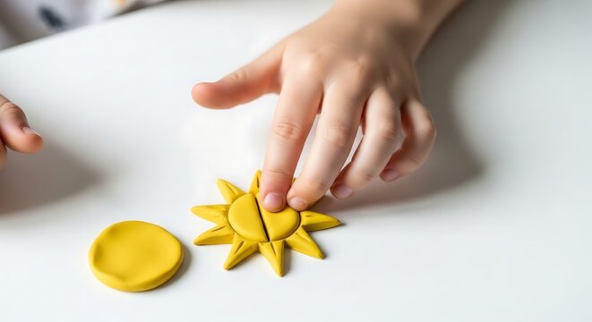 Small child playing with bright yellow clay sun shapes indoors