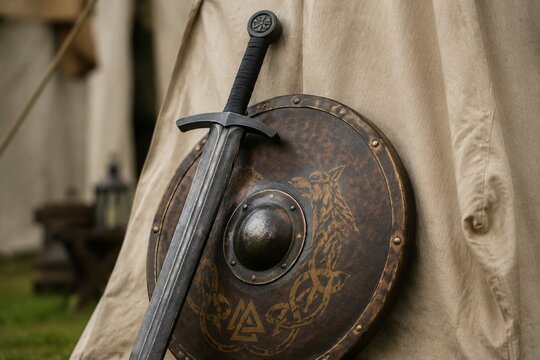 A meticulously crafted foam longsword leans against an antiqued leather shield on a tent canvas.
