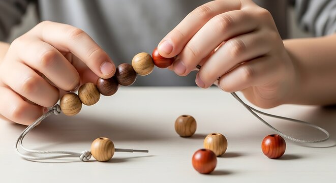 Hands stringing colorful wooden beads onto a thin gray cord