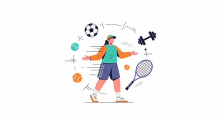 Fototapeta premium Animated person juggling various sports equipment like balls racquets and weights
