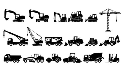 Fototapeta premium Industrial Heavy Equipment Bundle Featuring Construction Vehicle Black Silhouettes Vector Illustration