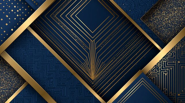 Sophisticated abstract background featuring deep navy blue layers combined with elegant gold geometric patterns and shimmering sparkling metallic texture details