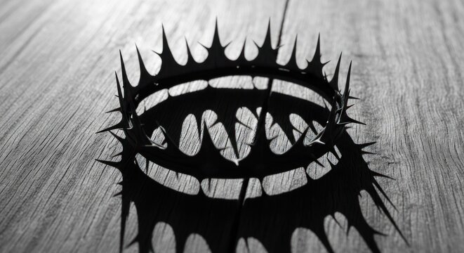 Black Crown of Thorns Casting a Shadow on a Wooden Surface.