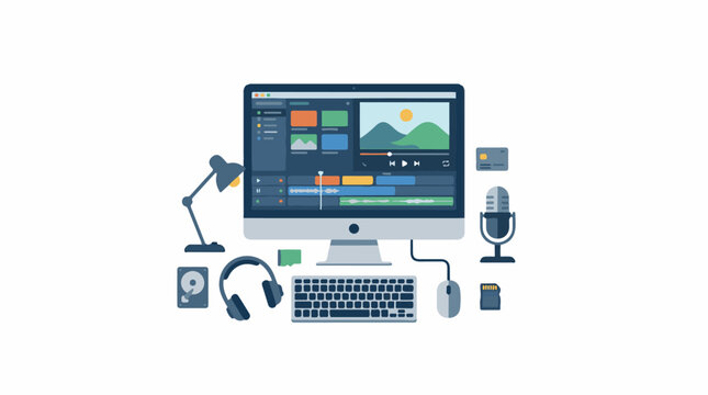 Computer with editing software headphones microphone and accessories