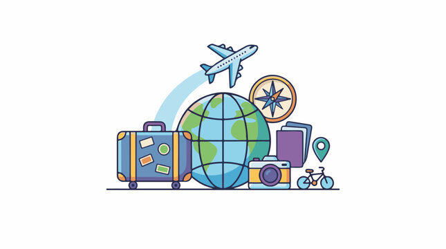 Colorful travel-related objects arranged around a globe