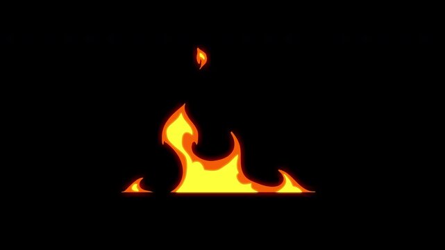 Horizontal fire flames burning on transparent background, looping wide bonfire with alpha channel