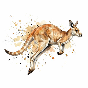 Jumping Kangaroo Watercolor Illustration with Orange Paint Splatter