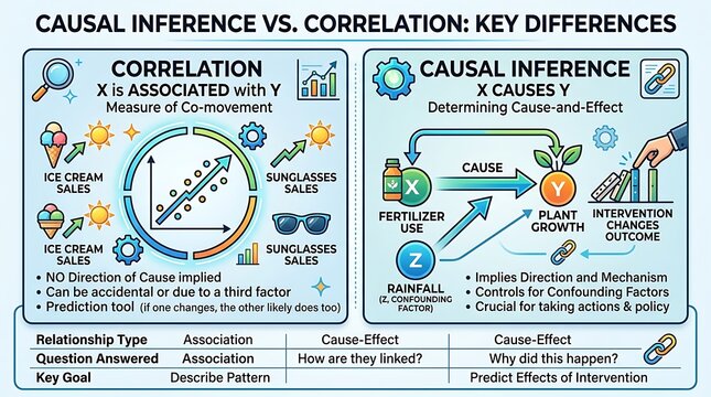 Educational infographic explaining correlation and causal inference