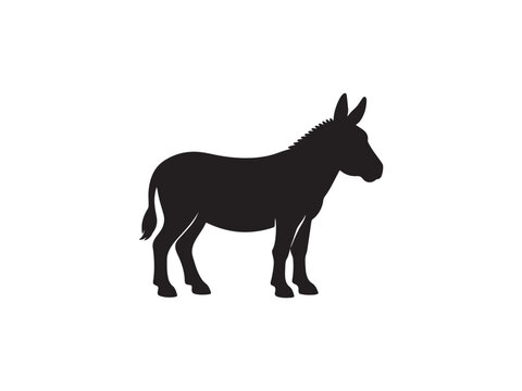 Black silhouette of a donkey standing isolated on white background with silhouette